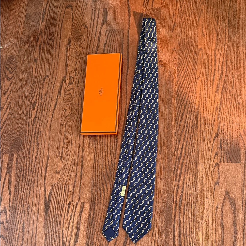 Hermes Navy and Gold Geometric Tie